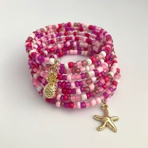 Pineapple Starfish Memory Wire Boho Bead Bracelet
